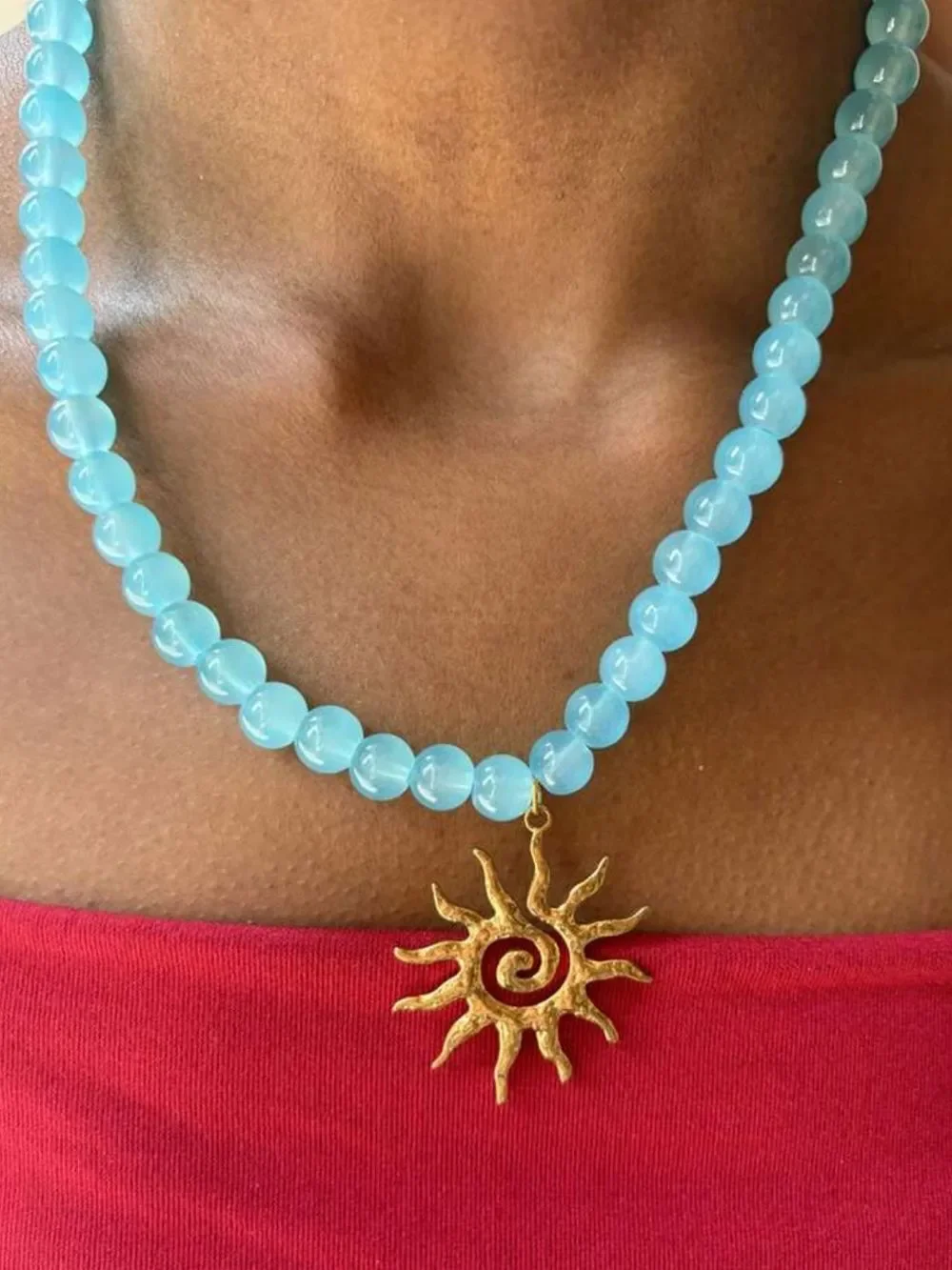 Gold Sun Pendant Aqua Beaded Necklace R744